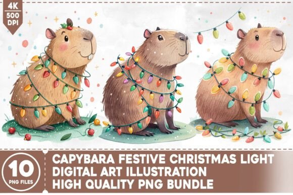Capybara Christmas Lights PNG Bundle: Festive Illustrations