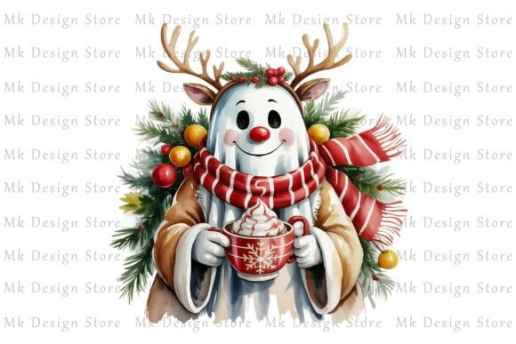 Christmas Ghost with Cocoa Cheer Clipart for Illustrations