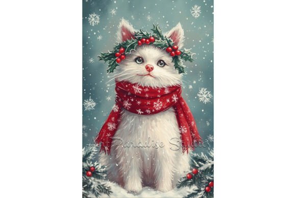 Christmas Turkish Angora Cat Wall Art Illustrations