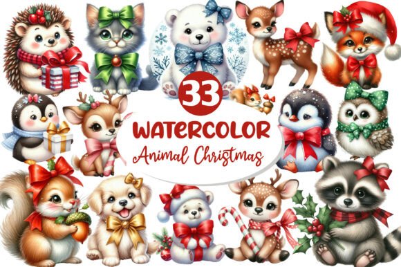 Cute Animal Christmas with Bow Clipart Illustrations