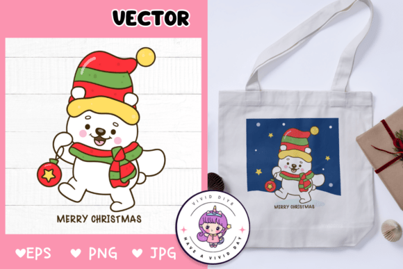 Festive Polar Bear and Christmas Ball Illustrations