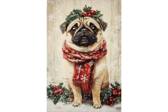 Review: Christmas Pug Dog with Red Scarf Art & Illustrations
