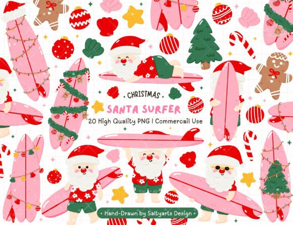 Santa Surf Christmas Summer Bundle PNG Illustrations