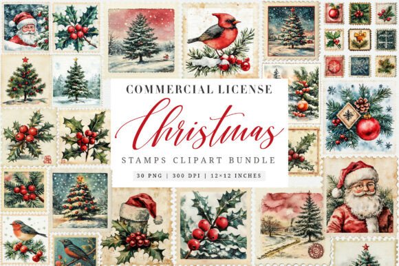 Vintage Christmas Stamps: Illustrations for Design
