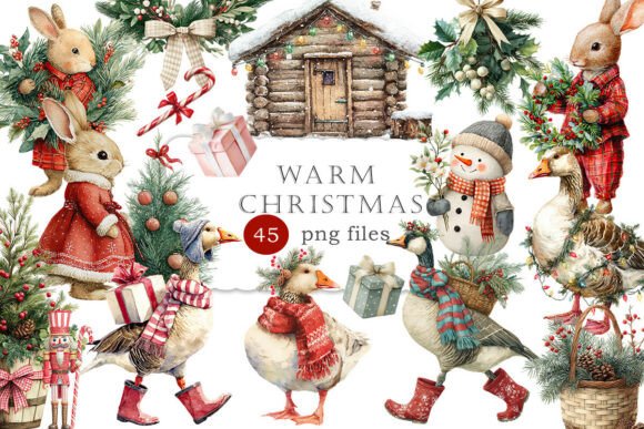 Vintage Warm Christmas Illustrations: Geese & Rabbits