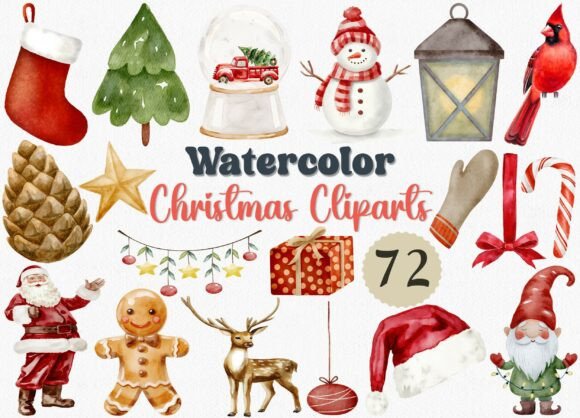 Watercolor Christmas Clipart: 72 PNG Illustrations