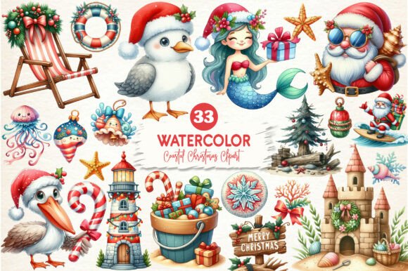Watercolor Coastal Christmas Clipart & Illustrations